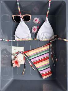 Swim Vcay 女士26SS春夏新款彩色条纹印花串珠装饰V领露背三角系带比基尼两件套泳衣，海滩度假 - 彩色 - 查看 2