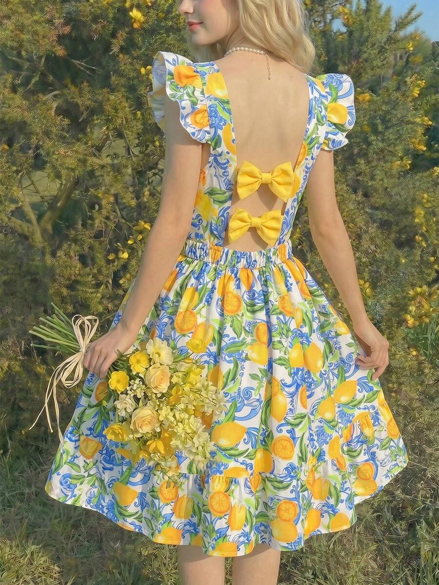 SHEIN Sparklyn 少女碎花露背蝴蝶结设计短袖收腰连衣裙 - 彩色 - 查看 1