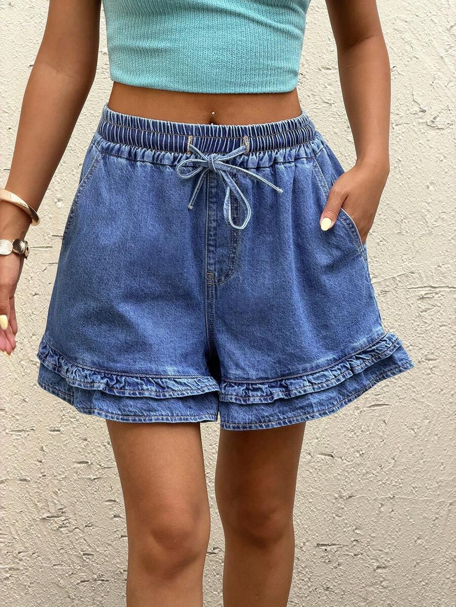 Sunnyshic Shorts vaqueros de mujer con cintura elástica y ribete de volantes - Azul - Ver 1
