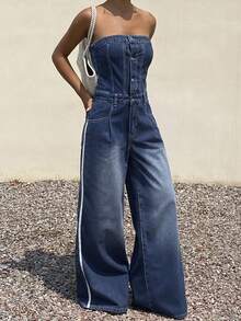 DAZY Quần yếm và áo liền quần denim phong cách đường phố thường ngày dành cho nữ, mùa xuân và hè. - Màu xanh lam - Xem 5