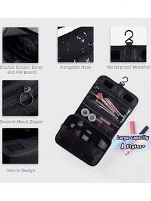1 pieza Bolsa de maquillaje colgante multifuncional, bolsa de almacenamiento, gran capacidad, fácil de transportar, regalo navideño, vibraciones bohemias - Negro - Ver 8