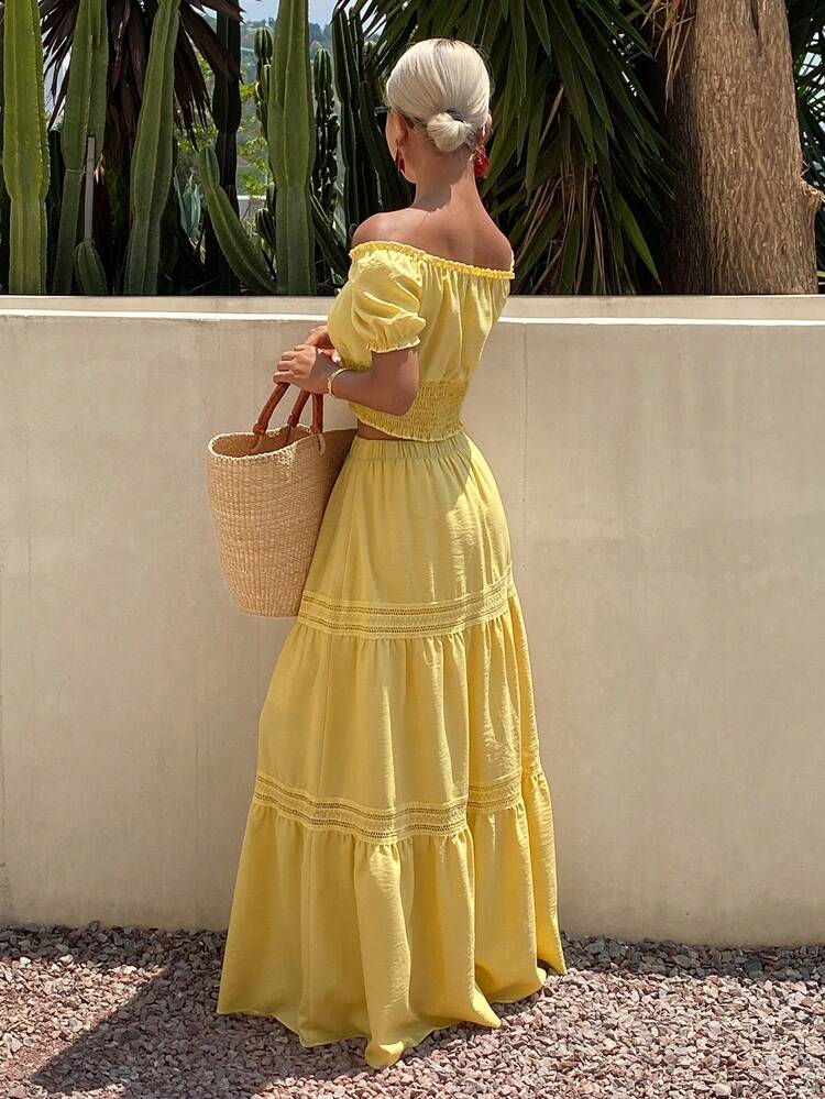 Spring Break Summer Casual Vacation Beach Outfit, Off-Shoulder Top And Long Skirt Set, Yellow For Women