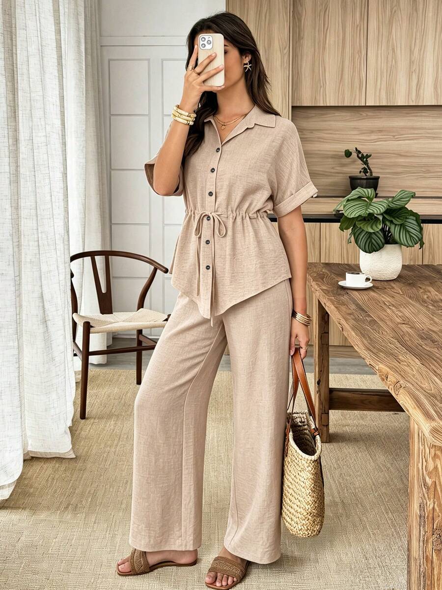 Elouméa Size Summer Casual Solid Color Drawstring Waist Shirt And Pants 2 Pieces Set - Khaki - View 1