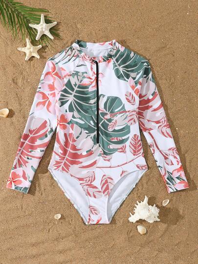 SHEIN 热带植物印花插肩袖连体泳衣，非常适合少女海滩度假