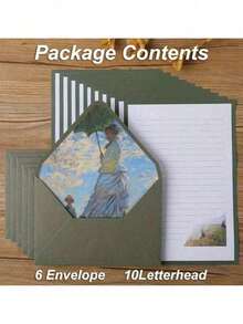 16 Green Set Of Oil Painting Envelopes Containing 6 Envelopes And 10 Pieces Of Writing Stationery For Making Invitations And Greeting Cards Gift Greeting Cards Writing Letters New Year's Gifts - Green - View 8