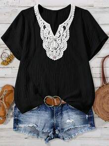 SHEIN LUNE CURVE Plus Size Colorblock Short Sleeve Textured Fabric Summer Notch Collar Shirt - Black and White - View 6