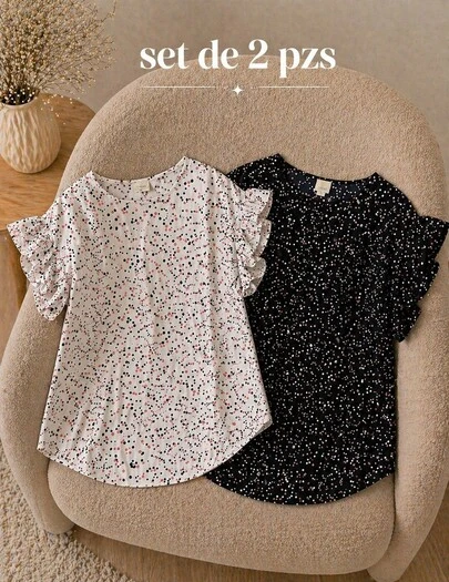 Set de 2 blusas dama elegante oficina uso diario moderna casual femenina manga corta con olanes estampado ligero primavera verano