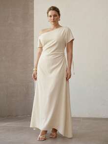 MOTF PREMIUM PLUS SIZE ELEGANT ASYMMETRICAL NECK WOMEN LONG DRESS - Apricot - View 4