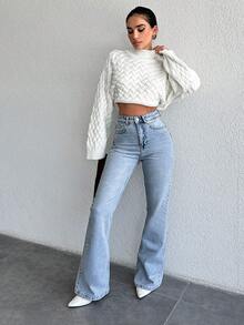SHEIN بنطلون جينز صغير 98 قطن أزرق فاتح سادة بأسلوب ملابس الشارع الكاجوال إغلاق بأزرار بقصة واسعة للاستخدام اليومي في الصيف - أزرق فاتح - مشاهدة 7