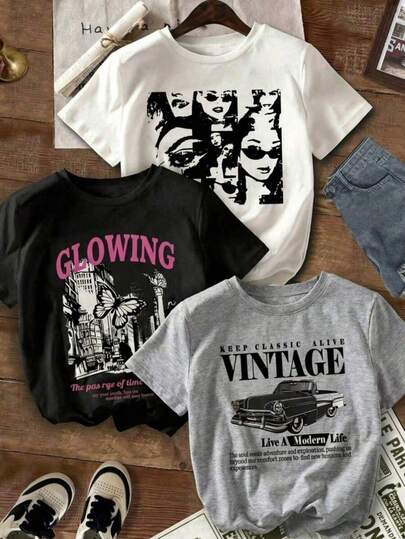 Set de 3 camisetas para mujer con estampado termotransferible, collage retro de rostros en blanco y negro, letras rosa "GLOWING" con ciudad y mariposa, y diseño tipográfico "VINTAGE" con coche clásico, camisetas de manga corta