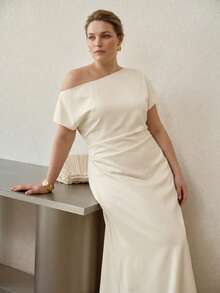 MOTF PREMIUM PLUS SIZE ELEGANT ASYMMETRICAL NECK WOMEN LONG DRESS - Apricot - View 1