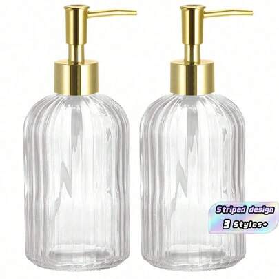 1pc 400ml/13.52oz Glass Soap Dispenser With Rust Proof Stainless Steel Pump, Vertical Stripe, Premium Bathroom Soap Dispenser For Kitchen & Bathroom