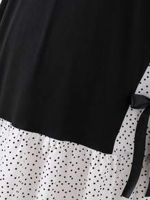 SHEIN 1件女童休闲通勤连衣裙，带可拆卸蝴蝶结装饰，圆领短袖中长款，适合旅行或上学场合。 - 黑色 - 查看 5