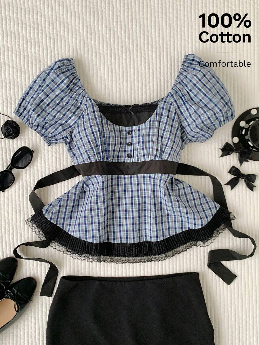 Comfortcana Áo kiểu nữ tay raglan kẻ caro cài nút - Màu xanh hải quân - Xem 1