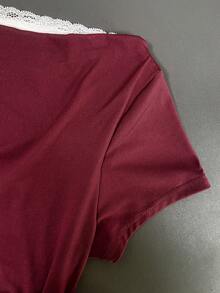 INAWLY Women's Fashion Pleated Burgundy 2 In 1 T-Shirt - Burgundy - View 6