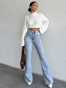 SHEIN بنطلون جينز واسع الساق بخصر مرتفع من القطن بلون أزرق فاتح سادة، إغلاق بأزرار، ستايل كاجوال ستريت وير، مناسب للاستخدام اليومي والمواعيد في فصل الخريف - أزرق فاتح - مشاهدة 4