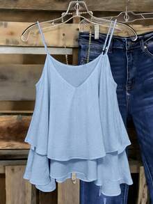 EMERY ROSE Women's Minimalist Solid Color Camisole Tank Top. Crafted With Lightweight And Breathable Summer Fabric And Tailored In A Loose Layered Silhouette, It Creates A Sophisticated Lazy Casual Vibe. The Thin Shoulder Strap Design Delivers Cool Comfort And Accentuates The Collarbone Lines. It Pairs Effortlessly With High-Waisted Denim Shorts, Wide-Leg Pants Or Midi Skirts. Perfect For Beach Vacations, Camping Trips, Music Festivals, Holiday Outings, Parties And Daily Casual Wear. It Easily Embraces Tre - Baby Blue - View 2