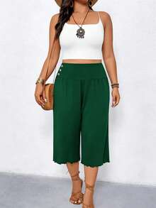Elenzga Plus Size Women Casual Ruffle Hem Wide Leg Capri Pants - Dark Green - View 6