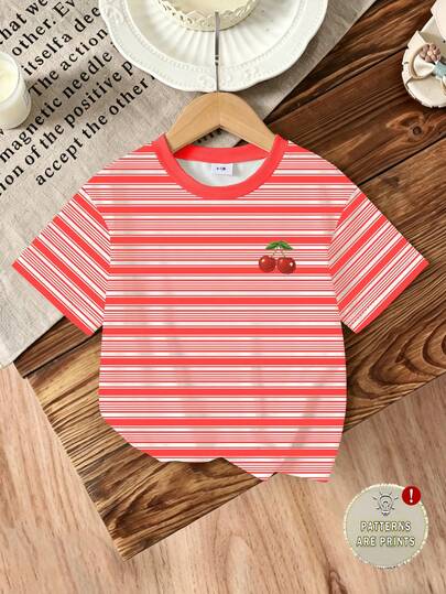 Baby Girl Sweet Cute Cherry Embroidered Print Striped Short Sleeve T-Shirt Top, Suitable For Outings In Summer