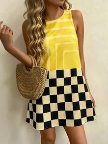 Vaclyn Vestido mini sin mangas con estampado de bloques de color para vacaciones de verano de mujer - Multicolor - Ver 3