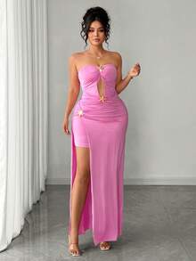 Elenzga Plus Size Solid Color Fashionable Hollow Out Fitted Tube Dress, Pink, Summer - Pink - View 3