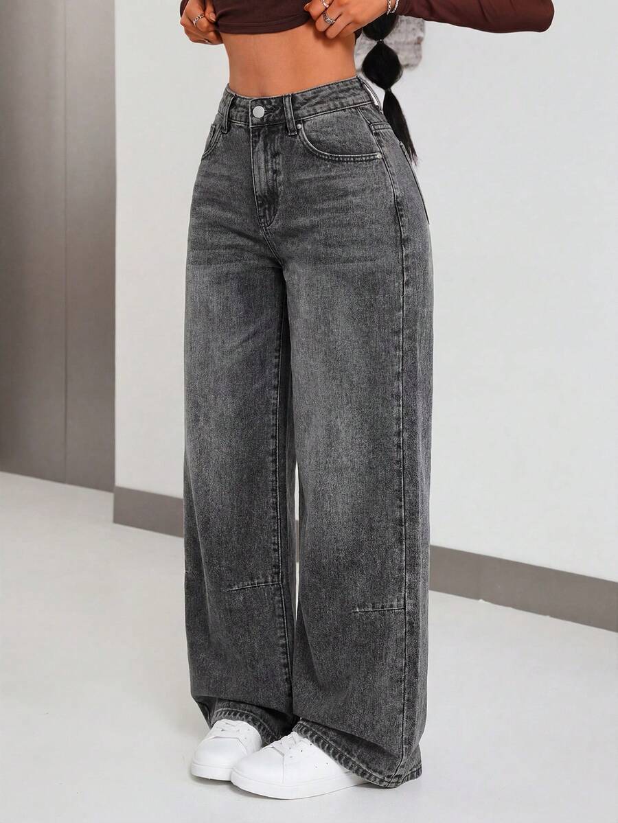 Jeanoix Quần jeans ống rộng dáng casual dành cho nữ, đã qua xử lý giặt. - Xám - Xem 1