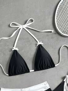 Swim Mod 女士26SS春夏新款纯色黑白撞色V领露背三角系带比基尼泳裤，蝴蝶结装饰三件套泳装，适合海滩度假 - 黑與白 - 查看 6