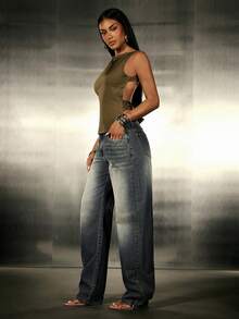 Denimoi Straight Leg Denim Jeans With Zipper Ankle Detail Fashion Jeans Denim Statement Jeans Washed - Medium Wash - View 1