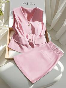 GlowEve CURVE Plus Size Women Solid Color Vest & Shorts Set - Dusty Pink - View 3