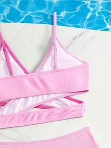 SHEIN Teen Girls Bikini Sets,Crossover Front Splicing Knitted Tankini Swimwear,Fashionable Elegant Solid Color Bathing Suit For Summer,Beach,Holiday Party - Hot Pink - View 6