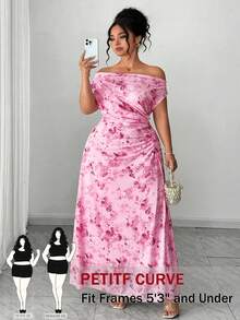 SHEIN PETITE CURVE 大码优雅露肩可调节腰身浪漫度假海滩下午茶约会网纱印花连衣裙 - 粉色 - 查看 2