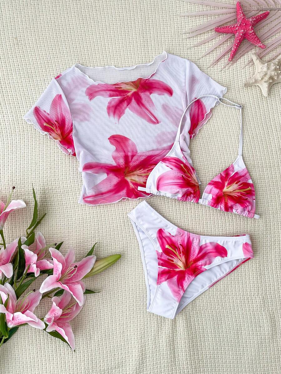 SHEIN 夏季三件套少女碎花网纱透视T恤和挂脖比基尼套装,夏季休闲装,适合度假、海滩、海滩等场合,粉白碎花比基尼套装,泳裤,T恤三件套,碎花两件套少女度假两件套,少女两件套度假套装,少女两件套泳衣,少女两件套邮轮套装,少女泳装,碎花两件套少女两件套 - 彩色 - 查看 1