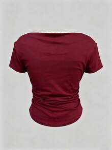 INAWLY Women's Fashion Pleated Burgundy 2 In 1 T-Shirt - Burgundy - View 3