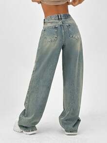 SHEIN HIGH WAIST WIDELEG CUT VINTAGE Casual Formal WASH Y2K STYLE Beige BAGGY JEANS BUTTON CLOSURE Back-To-School Graduation Summer - Medium Wash - View 2
