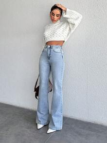SHEIN بنطلون جينز صغير 98 قطن أزرق فاتح سادة بأسلوب ملابس الشارع الكاجوال إغلاق بأزرار بقصة واسعة للاستخدام اليومي في الصيف - أزرق فاتح - مشاهدة 6