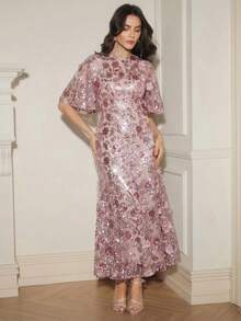 Anewsta Elegant Navy Blue Floral Mesh Ruffle Trim Sequin Embellished Short Sleeve Dress, Suitable For Party, Date, Resort Wear, Spring/Summer Outfits - Pink - View 3