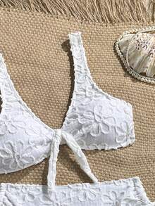 Swim Mod Damen Sommerurlaub Strand Outfit, zufälliges weißes spezielles Stoff dicke Träger Bikini Zweiteiler Badeanzug - Weiss - Übersicht 6