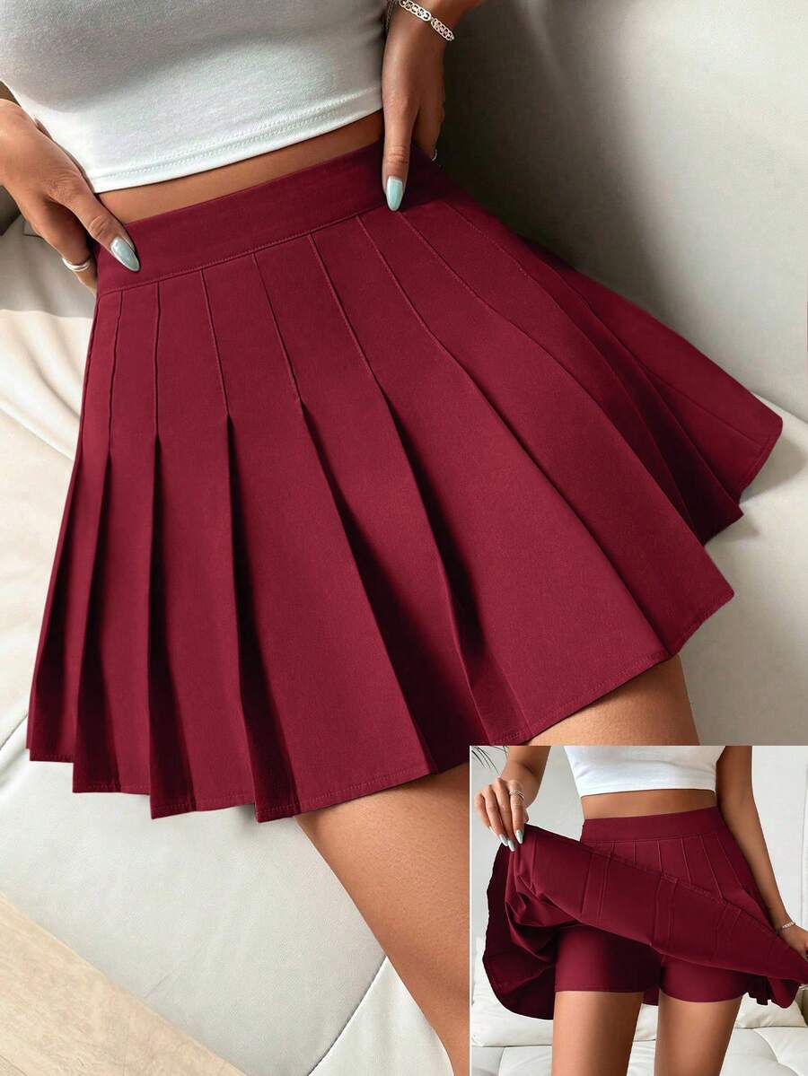 SHEIN PariChic 夏季休闲纯色百褶短裙 - 酒紅色 - 查看 1