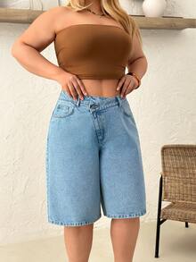 SHEIN Cottnline 100% bomull, hög midja med korsad midjeband, citylängd, ljusblå, korta shorts för semester och sommar - Mediumtvätt - Visa 3