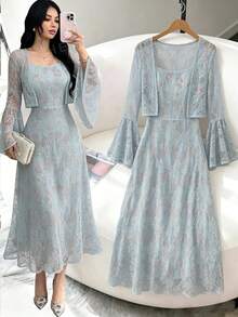 Modelyn Đầm dạ hội ren xanh thanh lịch dành cho nữ, đầm hai mảnh ôm eo dáng suông với tay áo loe. - màu xanh lá - Xem 2