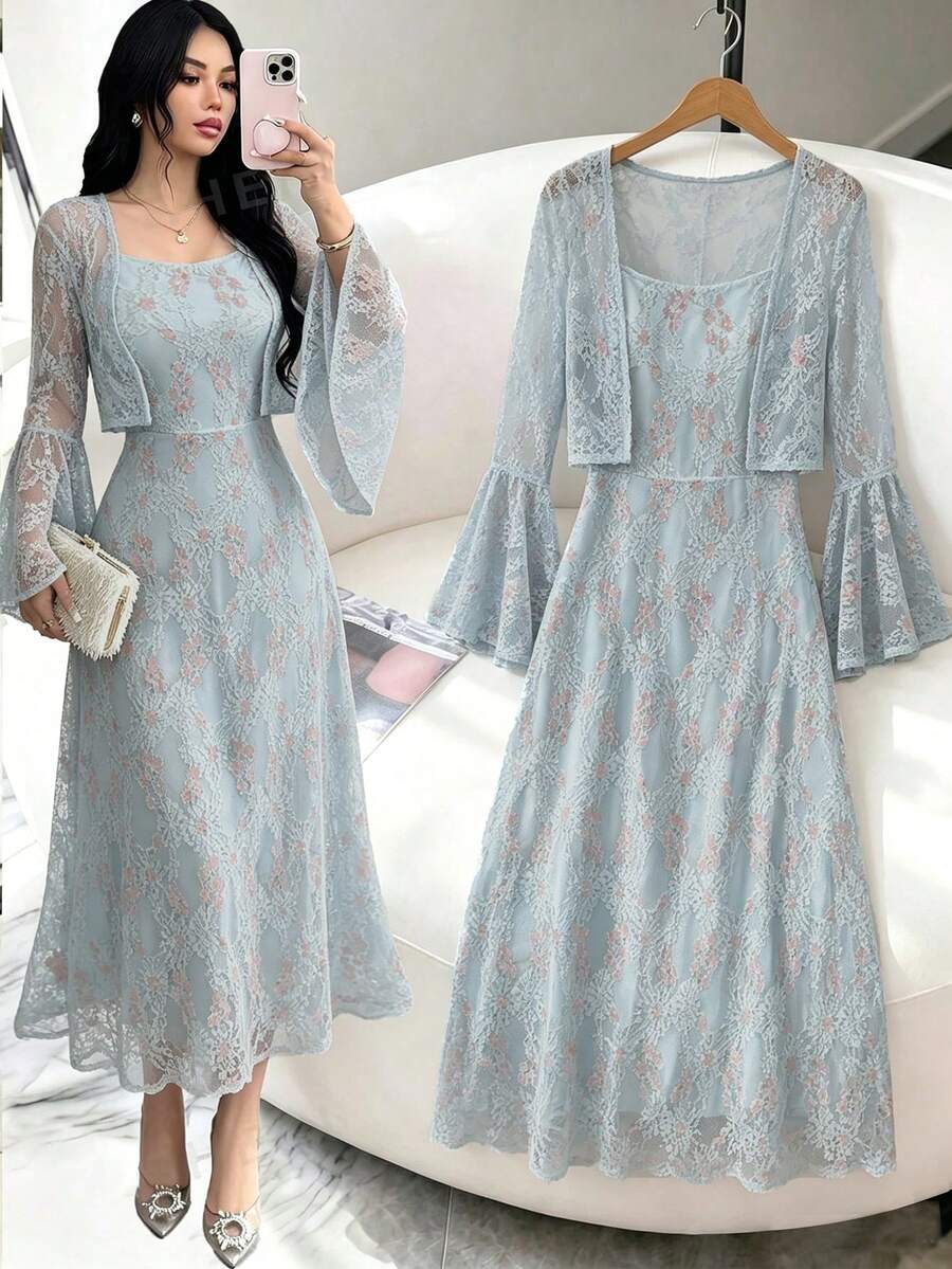 Modelyn Đầm dạ hội ren xanh thanh lịch dành cho nữ, đầm hai mảnh ôm eo dáng suông với tay áo loe.