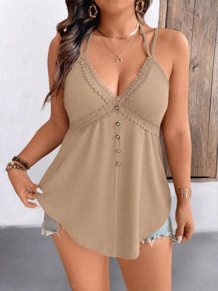 Breezaya Plus Size Solid Color Minimalist Casual Camisole Top - Brown - View 1