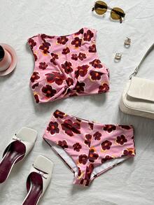 Swim Mod Bikini de tela suave con estampado de lunares, con copa con pliegue y escote de corazón - Multicolor - Ver 5