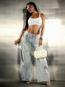 Denimoi Top corto esencial de uso diario, top corto de tirantes, moda de capas, ropa de calle sexy - Blanco - Ver 3