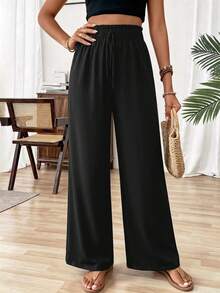 Pantalones anchos de pierna ancha con estampado de lunares, con nudo en la cintura, estilo casual de vacaciones para mujer - Negro - Ver 3