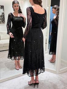 Modelyn French Square Collar Lace Rhinestone Embellished Fitted Long Sleeve Elegant Mid-Length Dress For Women - Black - View 2
