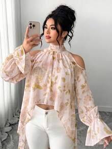 Elenzga Plus Size Women Elegant Woven Long Sleeve Embroidered & Digital Print Semi-Sheer Loose Blouse - Apricot - View 4