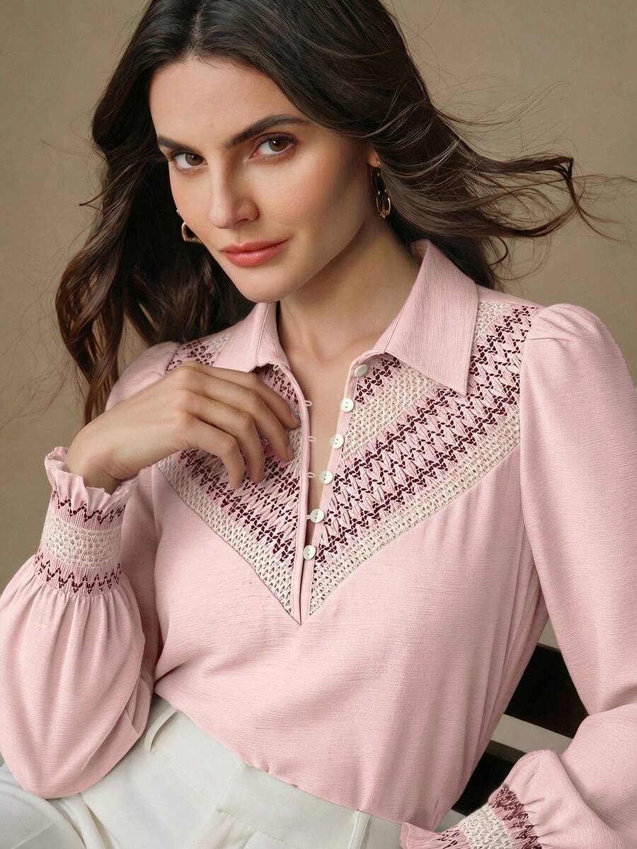 Anewsta 女款新款對比色重工刺繡粗針編織時尚休閒百搭通勤長袖襯衫,春季穿搭,優雅女士襯衫,休閒女裝,藍色 - 粉色 - 查看 1