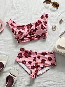 Swim Mod Bikini de tela suave con estampado de lunares, con copa con pliegue y escote de corazón - Multicolor - Ver 4