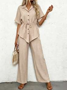 Elouméa Size Summer Casual Solid Color Drawstring Waist Shirt And Pants 2 Pieces Set - Khaki - View 4